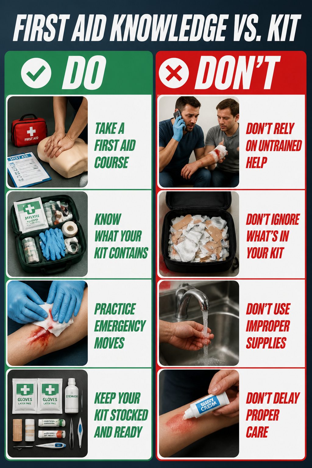 Emergency Preparedness Kits: What to Include in Yours 20 A comparison of first aid knowledge and supplies in an emergency context.