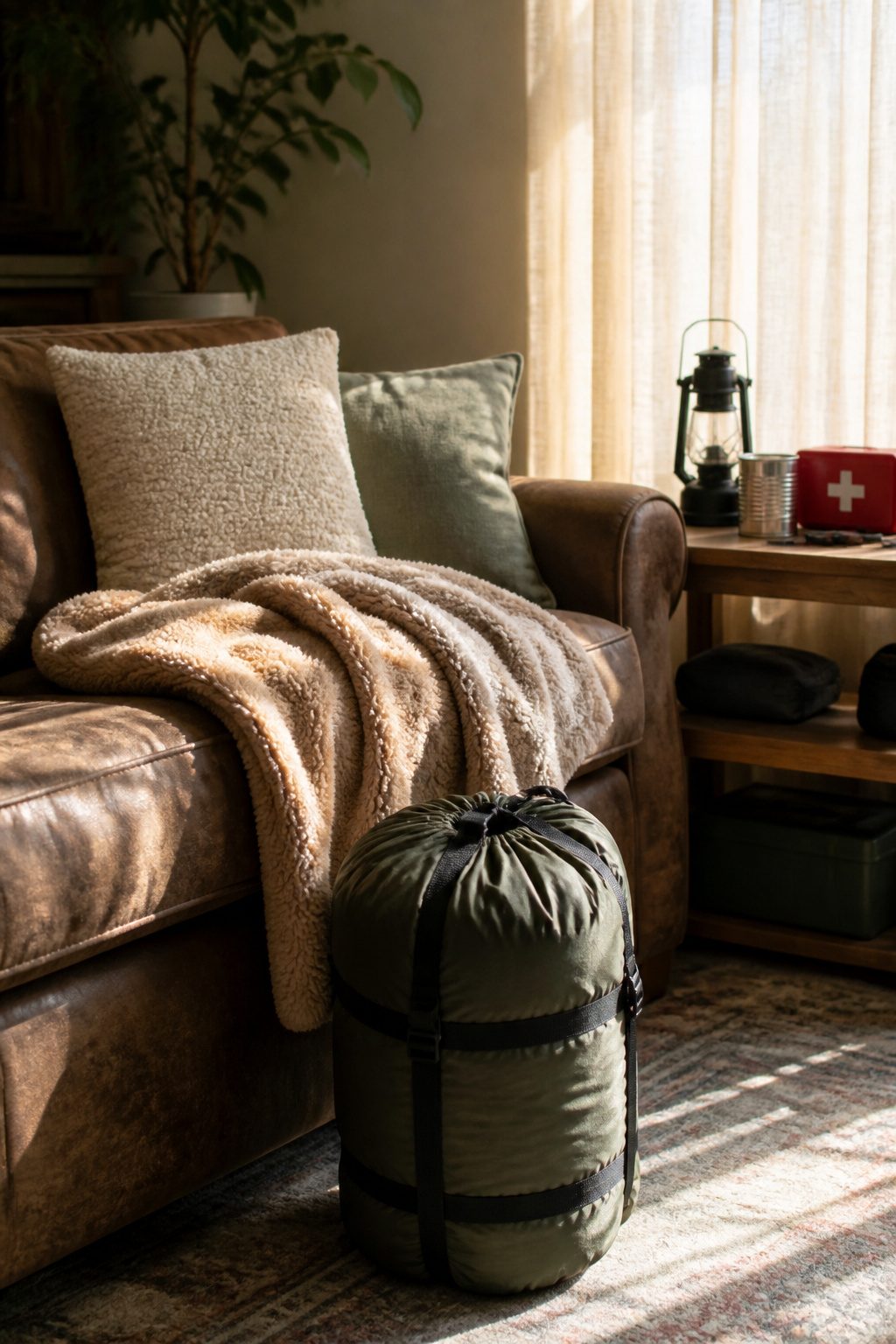 Emergency Preparedness Kits: What to Include in Yours 8 A sleeping bag and a warm blanket neatly arranged on a couch.