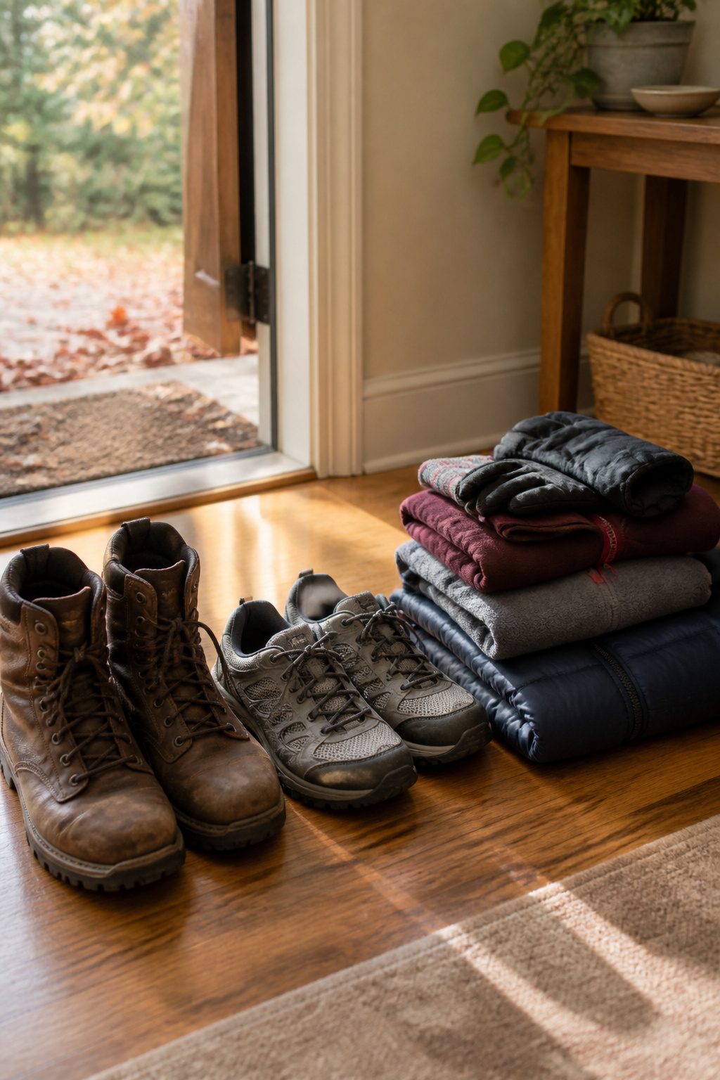 Emergency Preparedness Kits: What to Include in Yours 7 A collection of sturdy shoes and folded clothing for emergency preparedness.