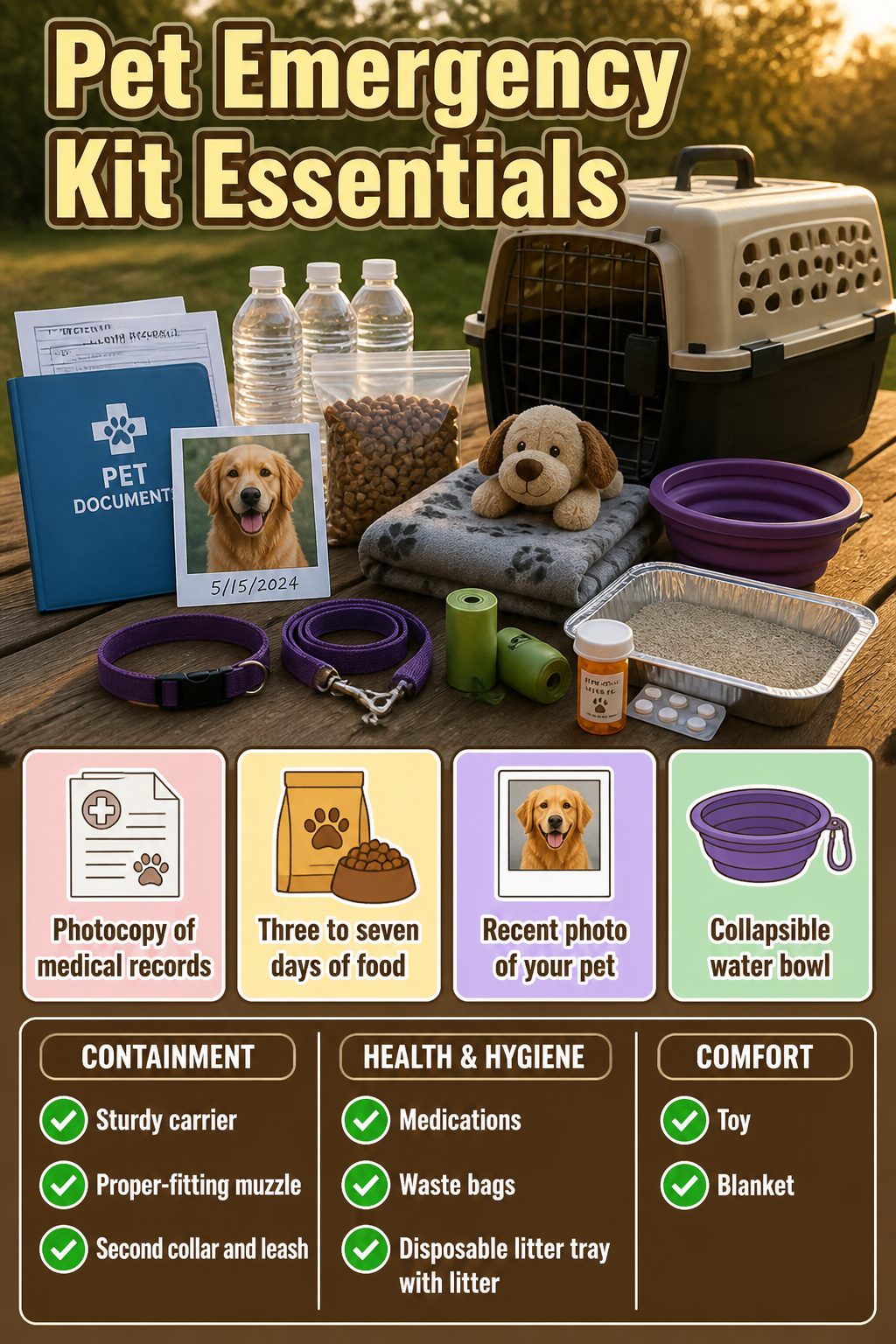 Emergency Preparedness Kits: What to Include in Yours 19 A folder with pet medical records and a bag of pet food for emergencies.