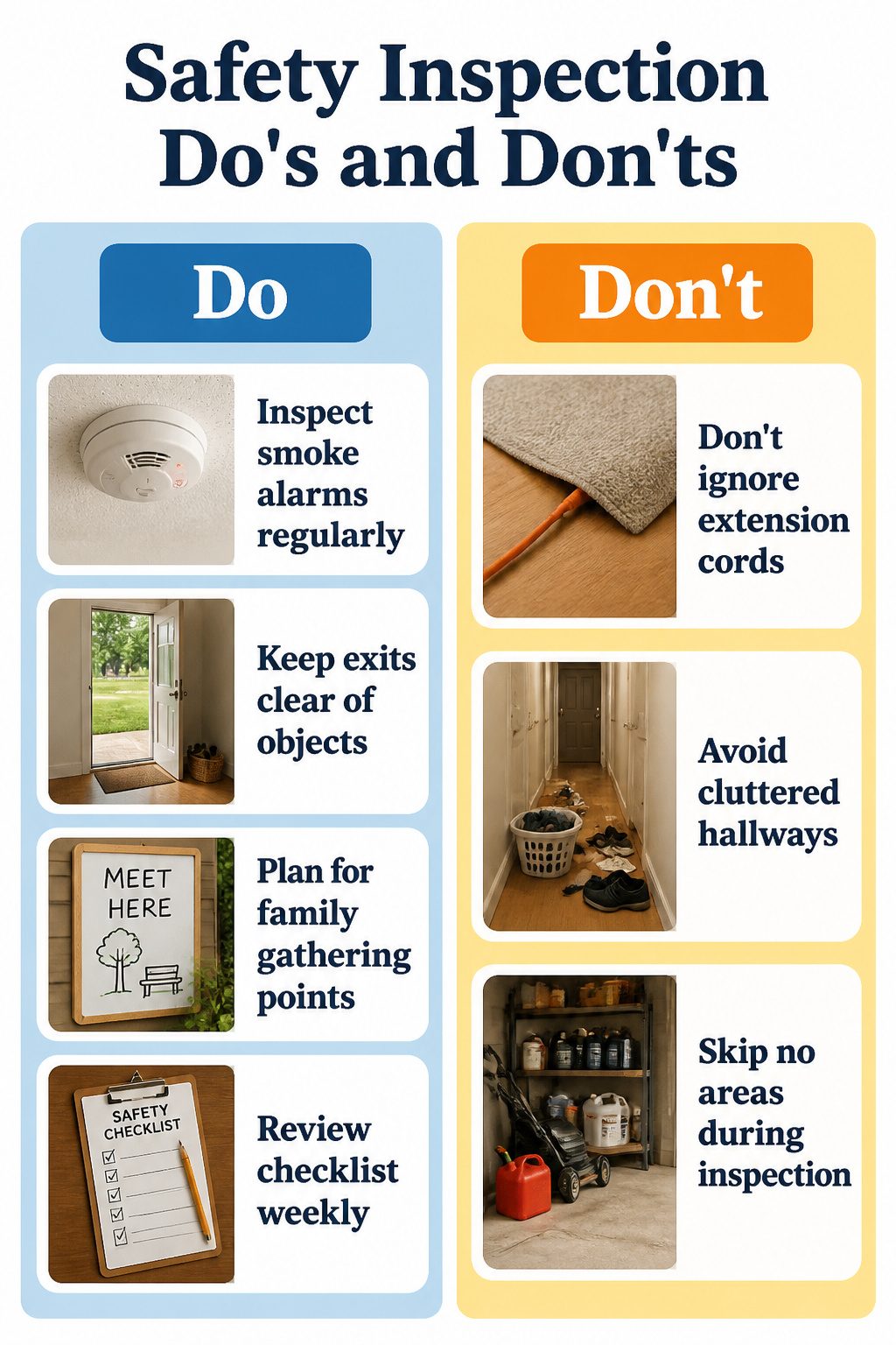 Emergency Preparedness Merit Badge 13 A graphic showing do's and don'ts for home safety inspections.
