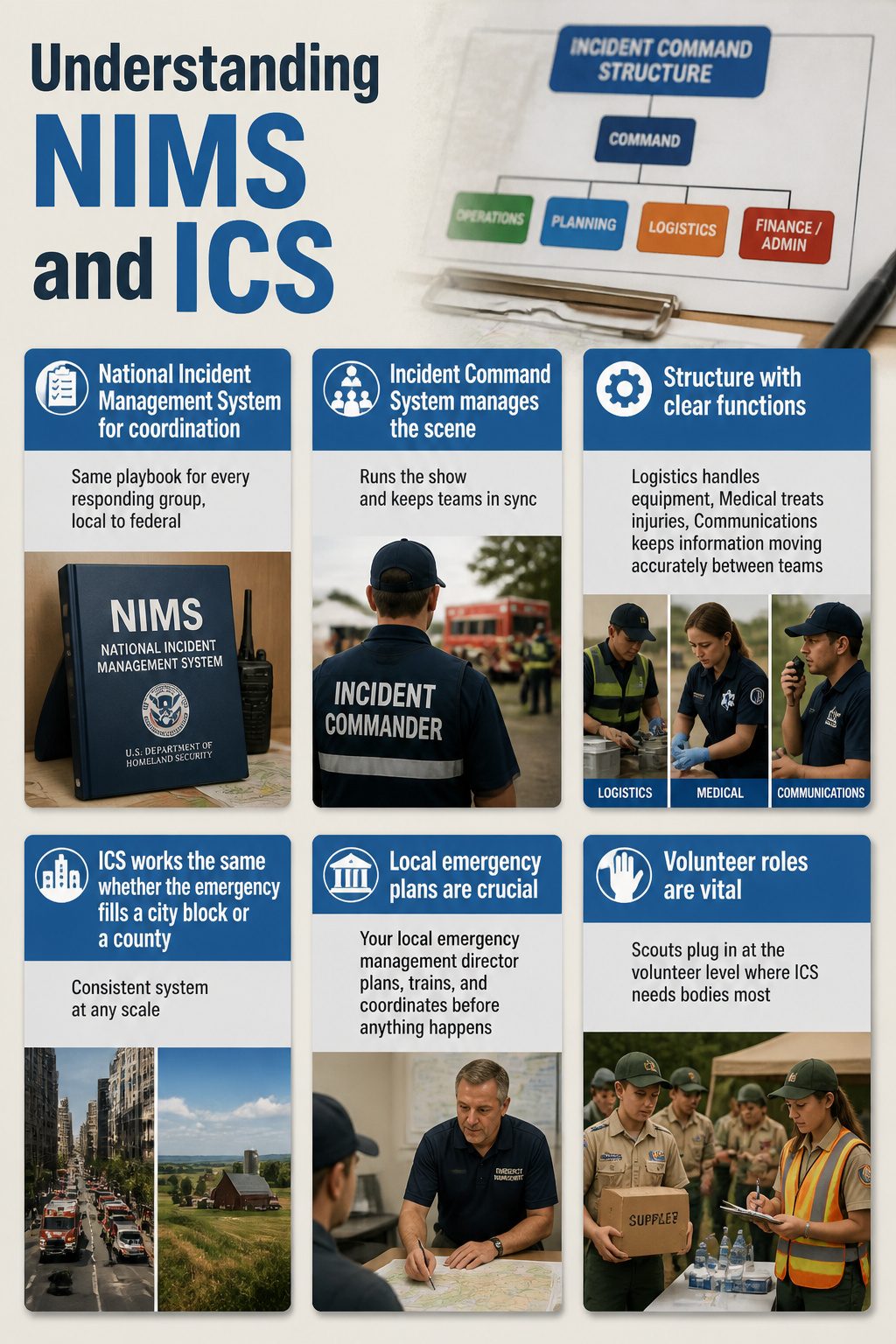 Emergency Preparedness Merit Badge 7 A graphic explaining the National Incident Management System and Incident Command System.
