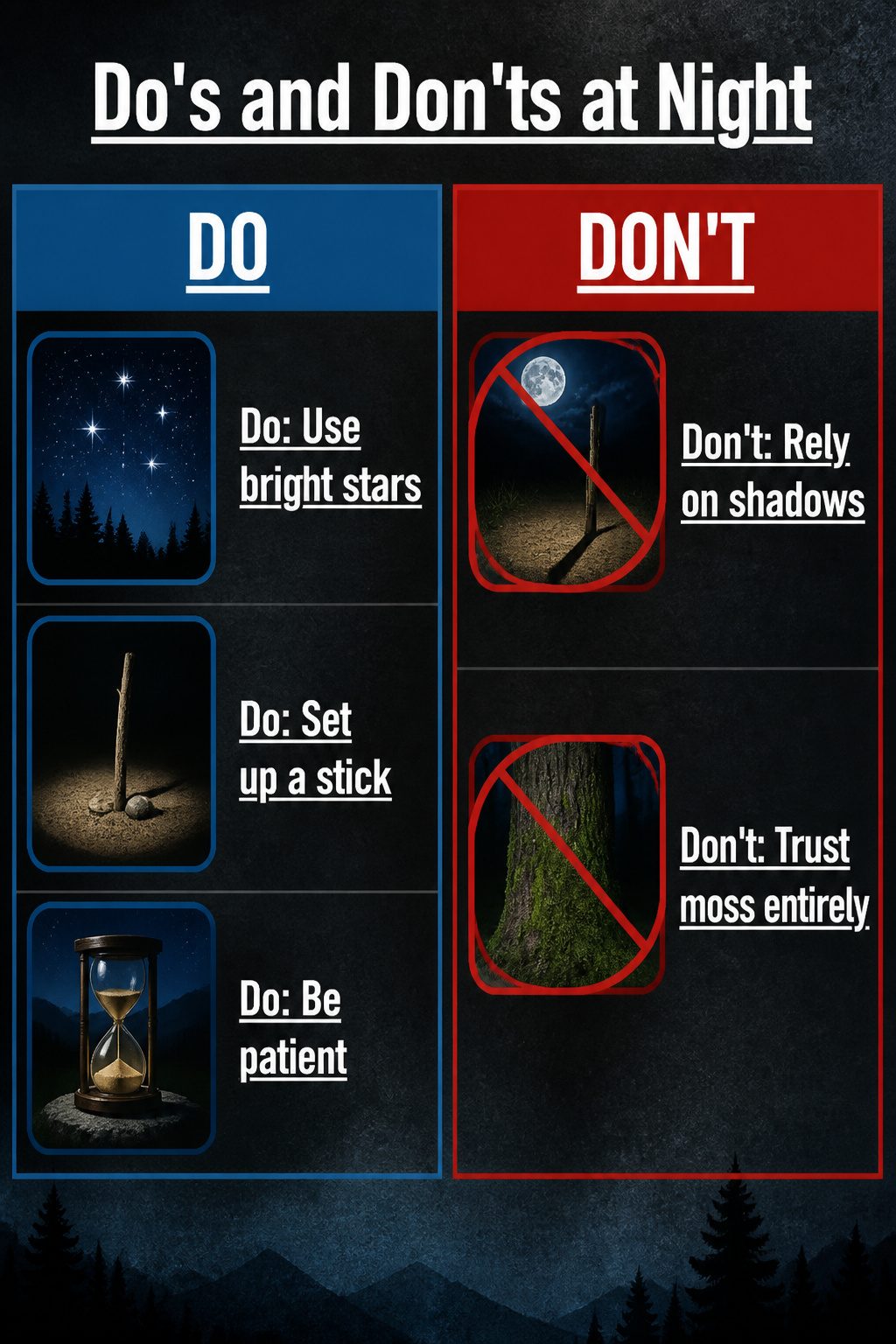 How to Find North at Night in 2026: 5 Steps Using Stars and Moon 8 A shadow stick and moss on trees depicted in a survival context.