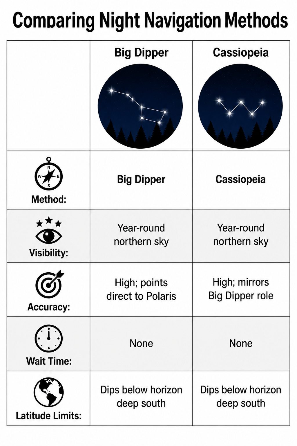 How to Find North at Night in 2026: 5 Steps Using Stars and Moon 9 A comparison chart of night navigation methods displayed visually.
