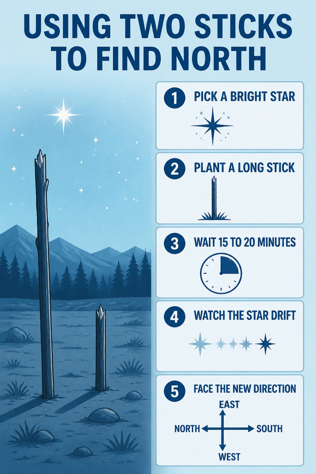 How to Find North at Night in 2026: 5 Steps Using Stars and Moon 6 Two sticks planted in the ground aligned with a bright star.