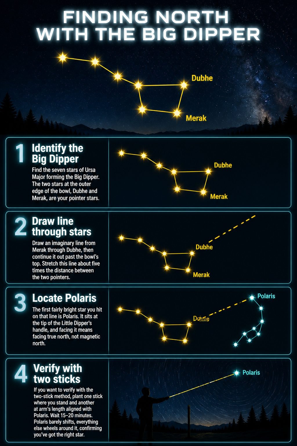 How to Find North at Night in 2026: 5 Steps Using Stars and Moon 2 The Big Dipper constellation with highlighted stars Dubhe and Merak.