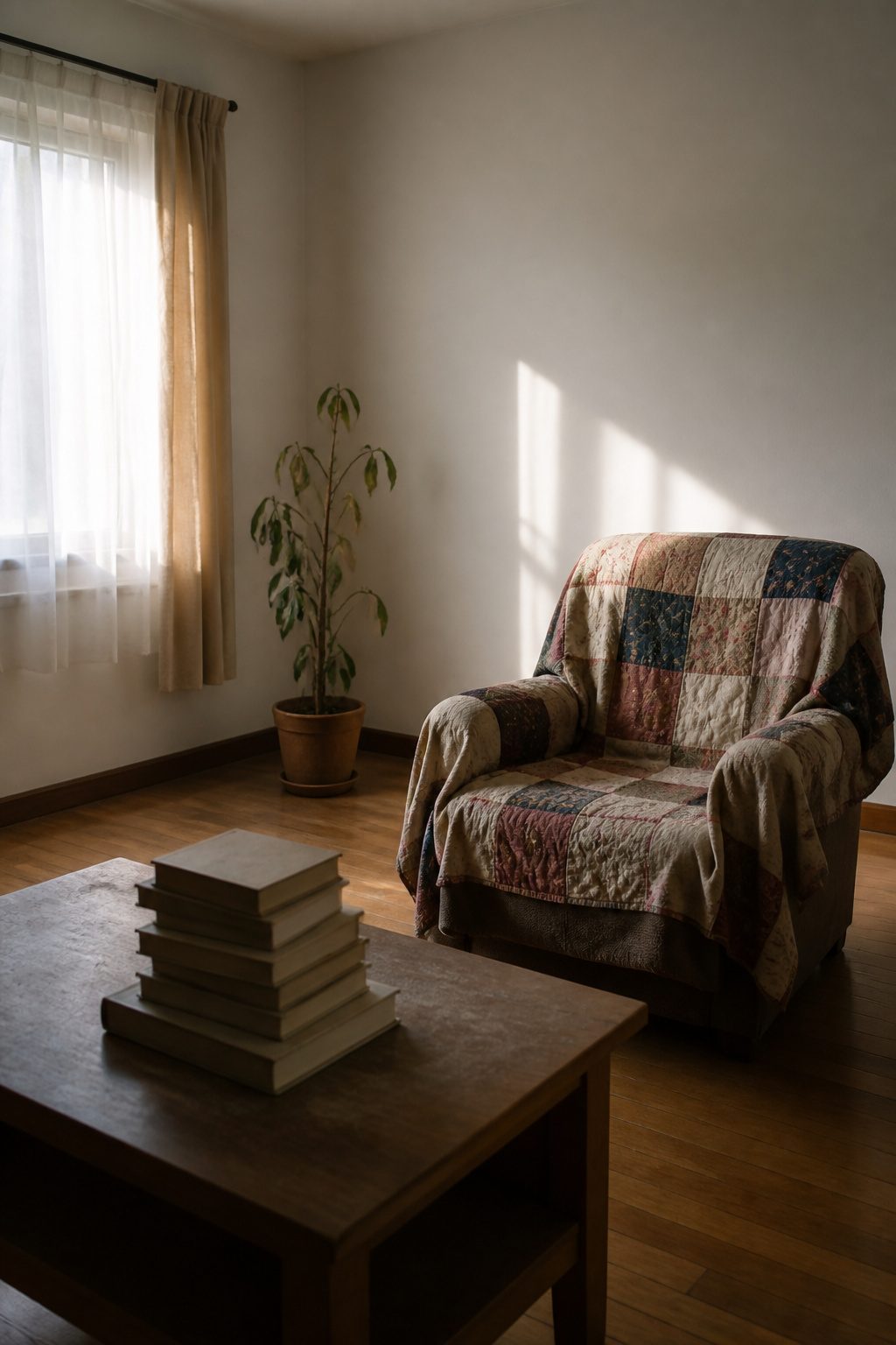 A solitary armchair in a living room with self-help books on a table.