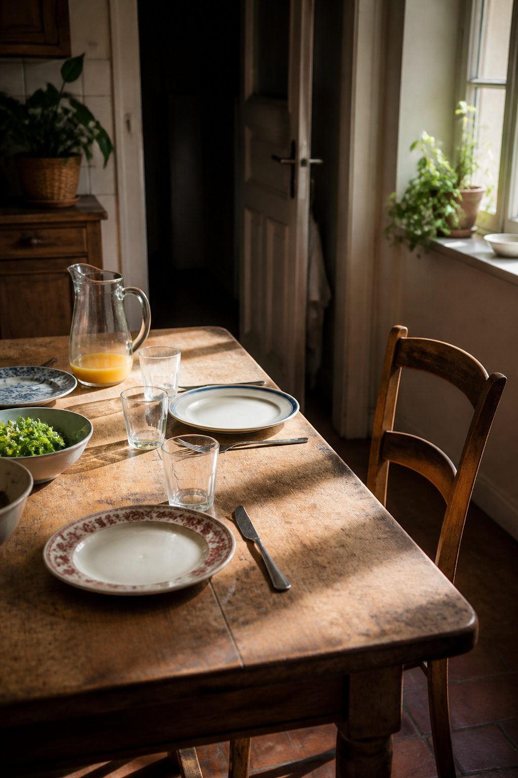 A kitchen table with mismatched plates and a half-empty jug of juice.