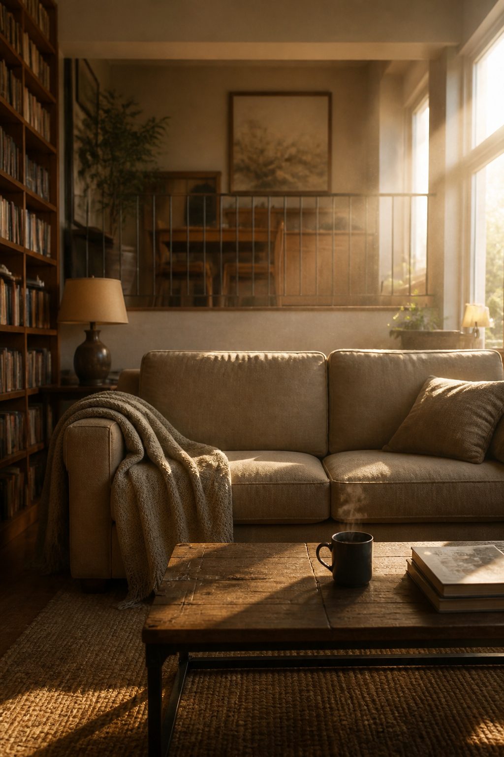A living room with a couch, bookshelves, and an untouched coffee cup.