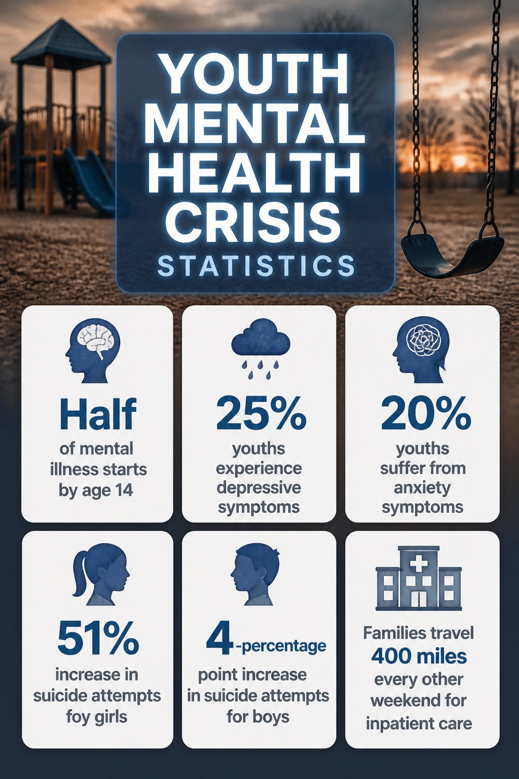 An infographic displaying youth mental health crisis statistics.