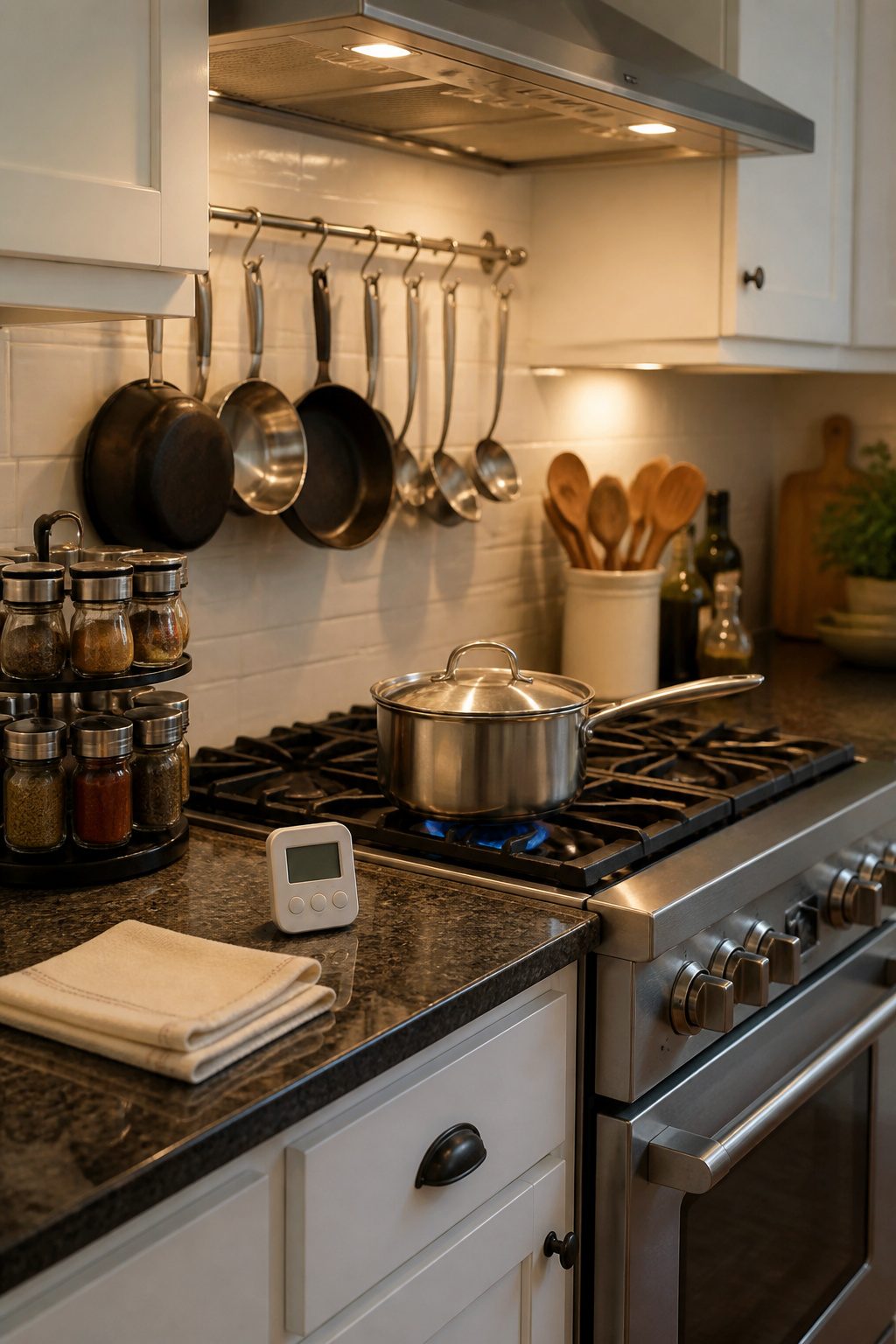 Home Fire Safety Steps for Every Household 4 A kitchen stovetop with a simmering pot and organized spice rack.