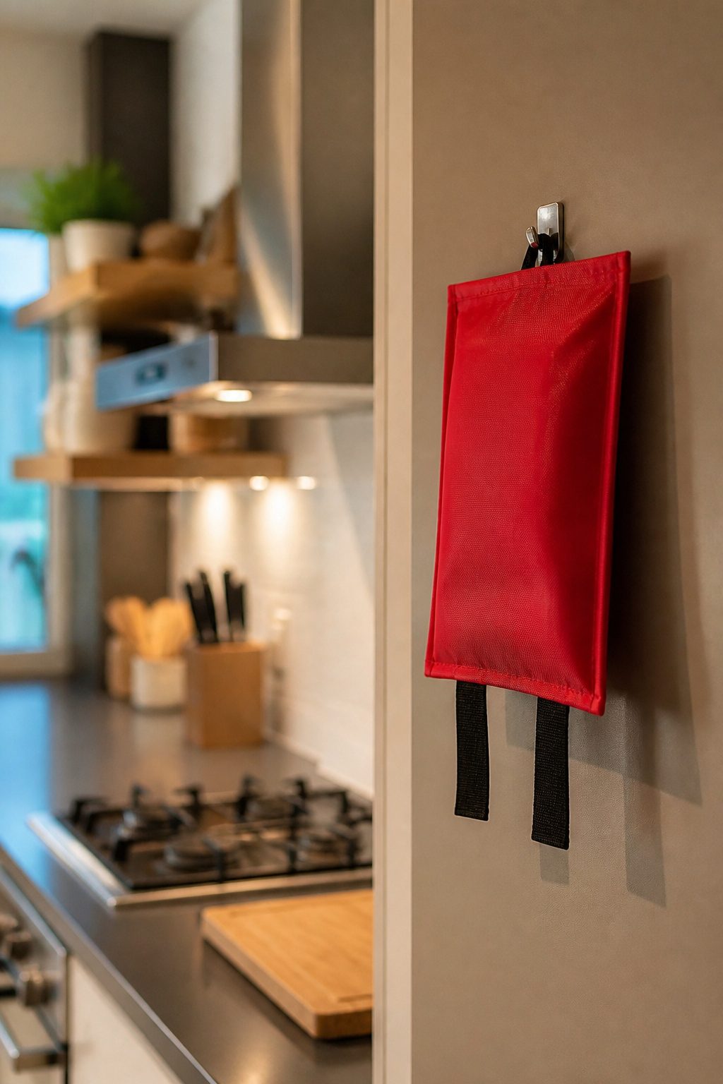 Home Fire Safety Steps for Every Household 11 A fire blanket displayed on a wall hook in a kitchen.
