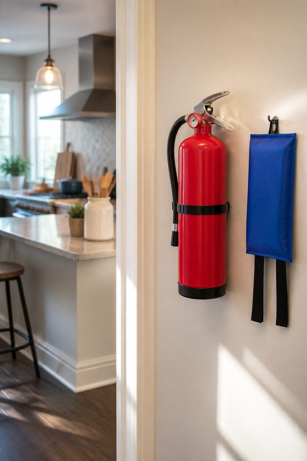 Home Fire Safety Steps for Every Household 5 A fire extinguisher mounted on the wall near a kitchen.