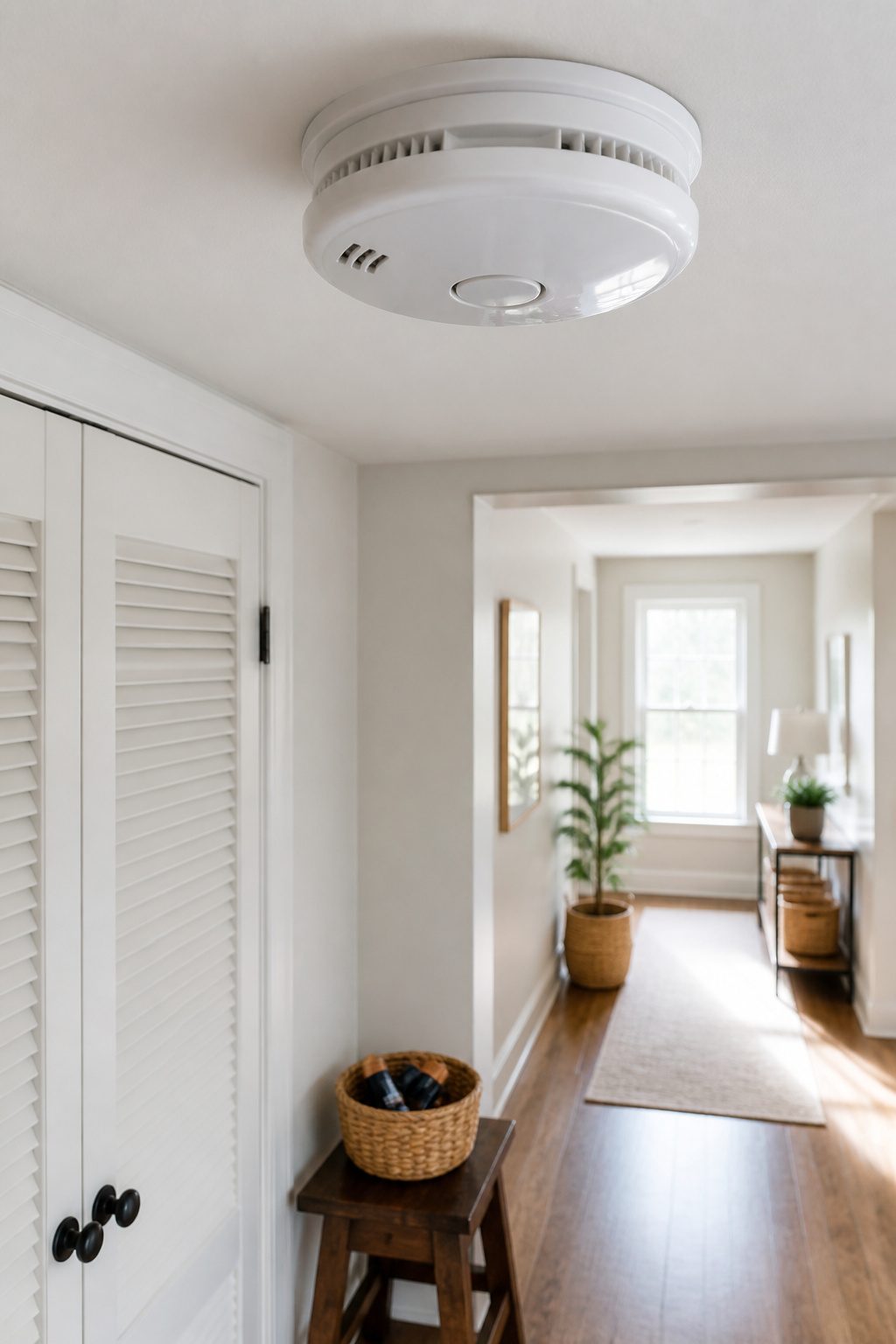 Home Fire Safety Steps for Every Household 2 Close-up of a pristine smoke alarm on a white ceiling.