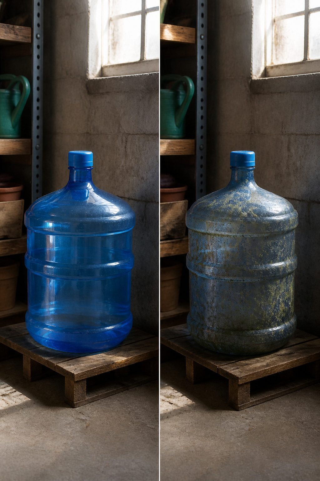 A five-gallon plastic jug filled with water.