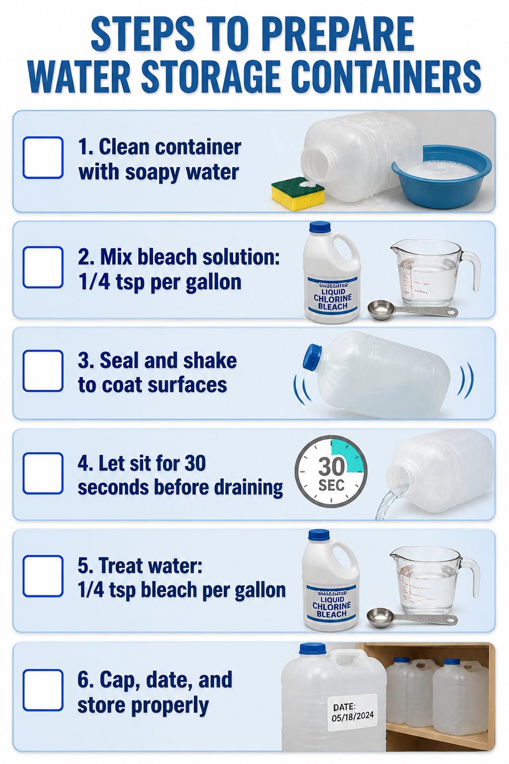 An informational graphic outlining steps to sanitize water containers.