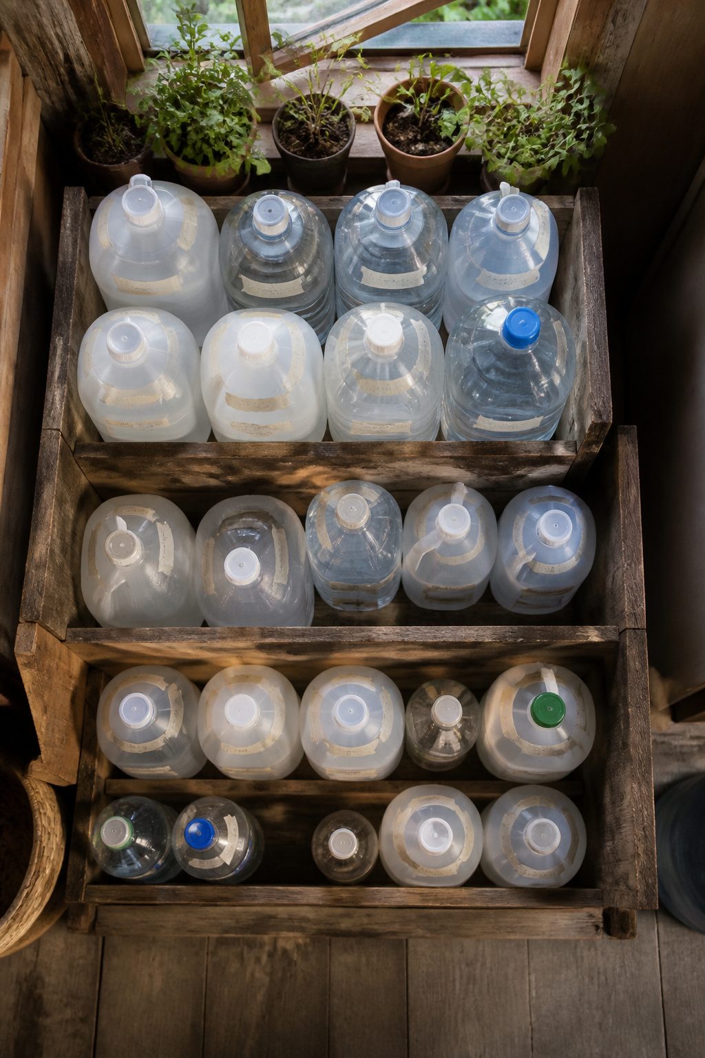 A person labeling water containers with dates for rotation.