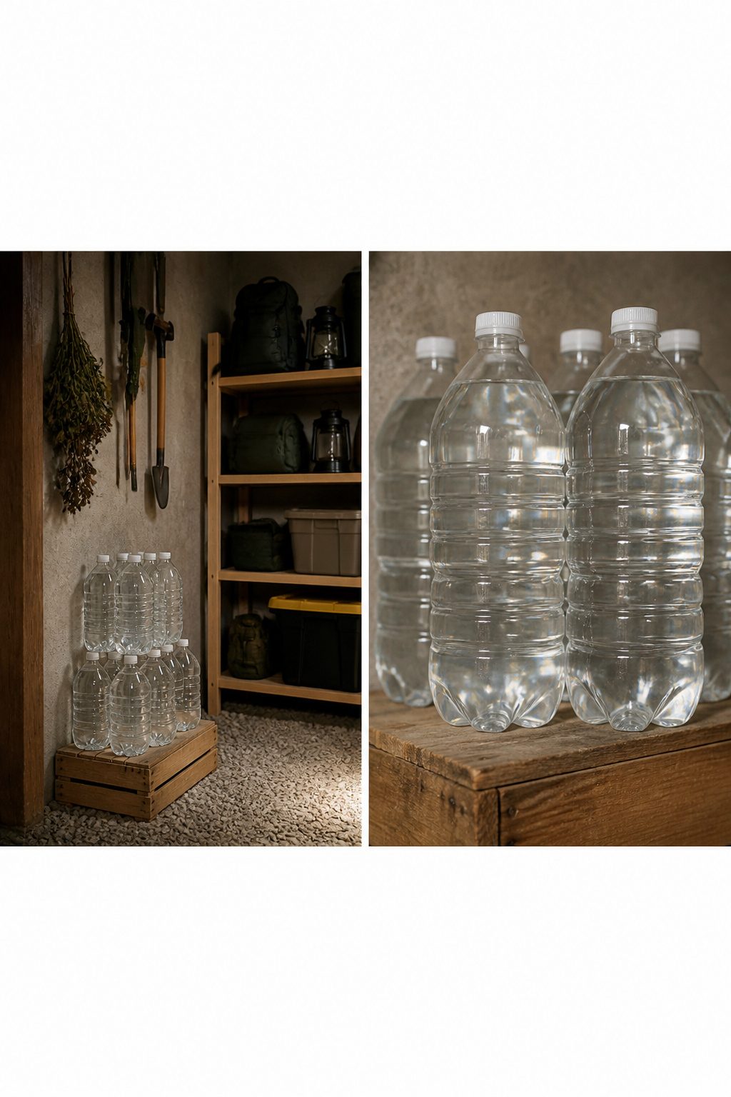 A collection of 2-liter soda bottles prepared for water storage.