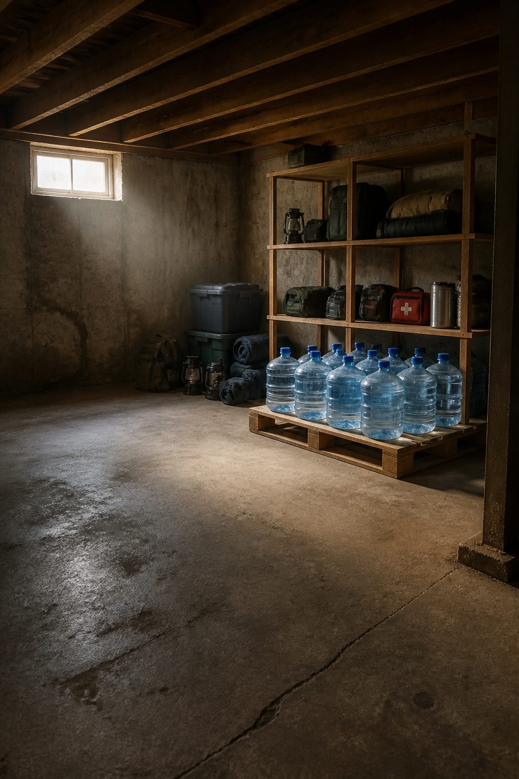 A basement corner showing water storage away from windows.