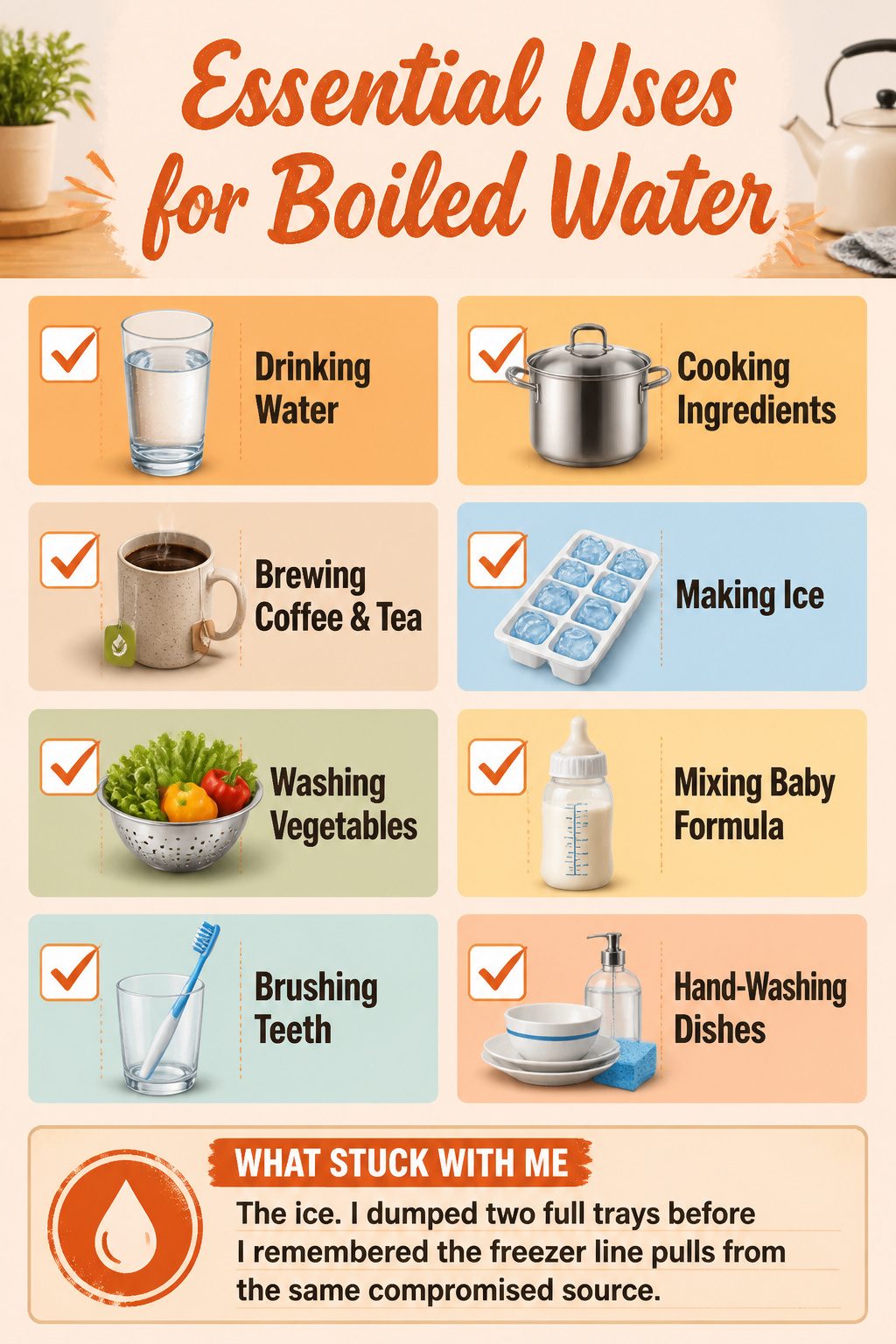 How Long to Boil Drinking Water: A 2026 Guide to Safe Disinfection 5 A list of various uses for boiled water in everyday activities.