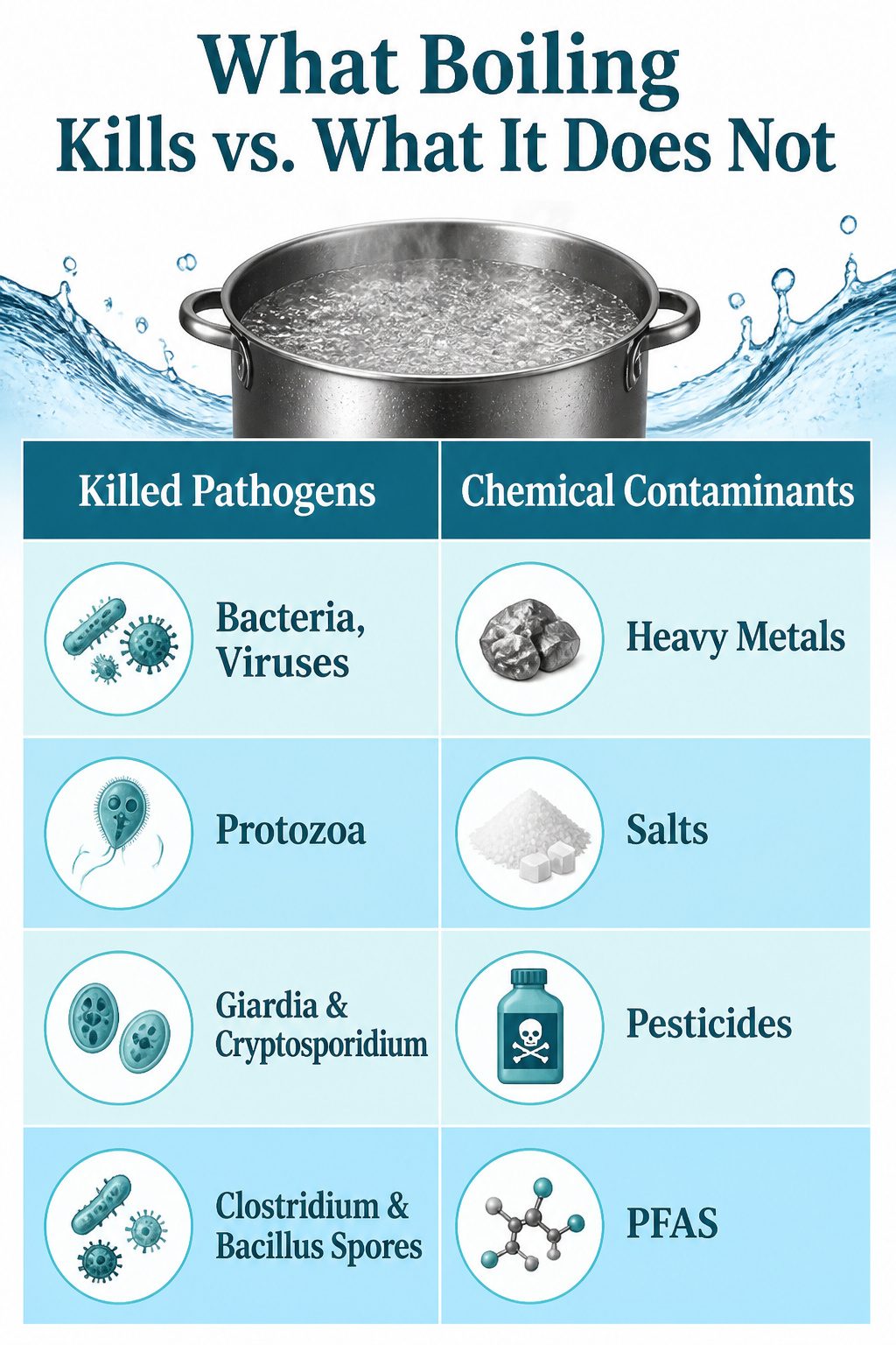 How Long to Boil Drinking Water: A 2026 Guide to Safe Disinfection 6 A chart comparing pathogens killed by boiling versus contaminants left behind.