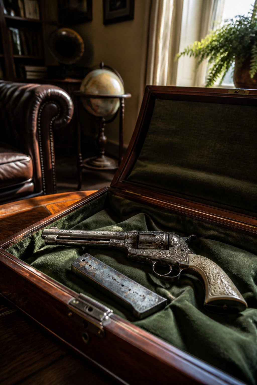 Antique firearm magazine next to a vintage revolver on soft fabric.