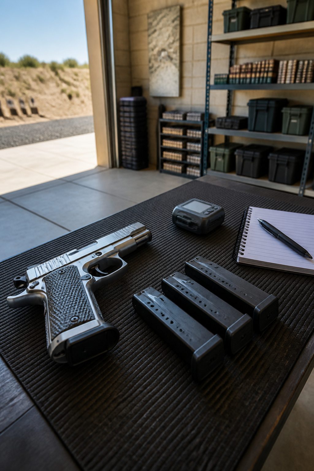 Competition pistol with three magazines on a textured mat.