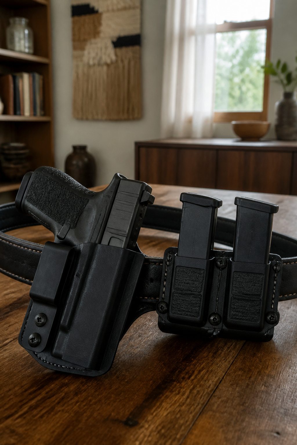 Concealed carry pistol in a holster with two spare magazines on a belt.