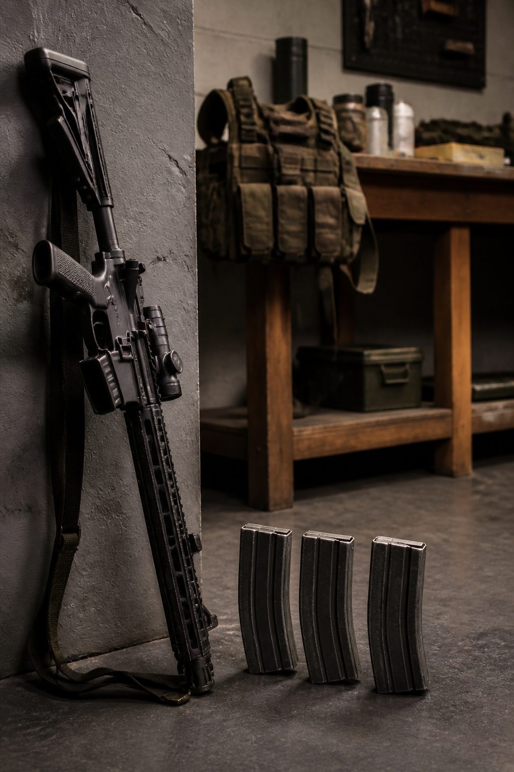 Defensive carbine and three tactical magazines on a surface.