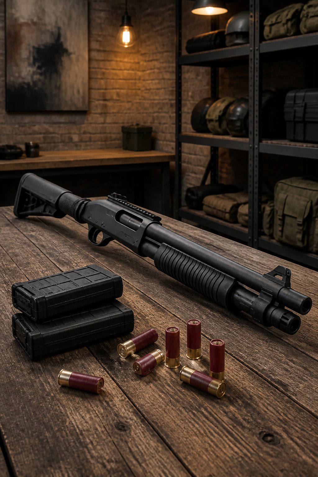 Defensive shotgun with two magazines and shotgun shells on a wooden surface.