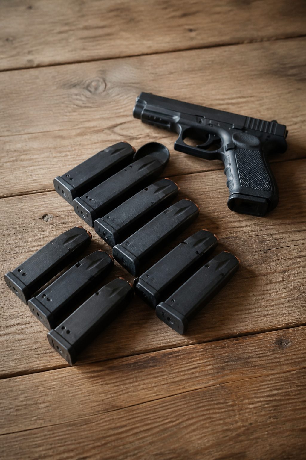 Objects representing firearms and magazines in a natural light setting.