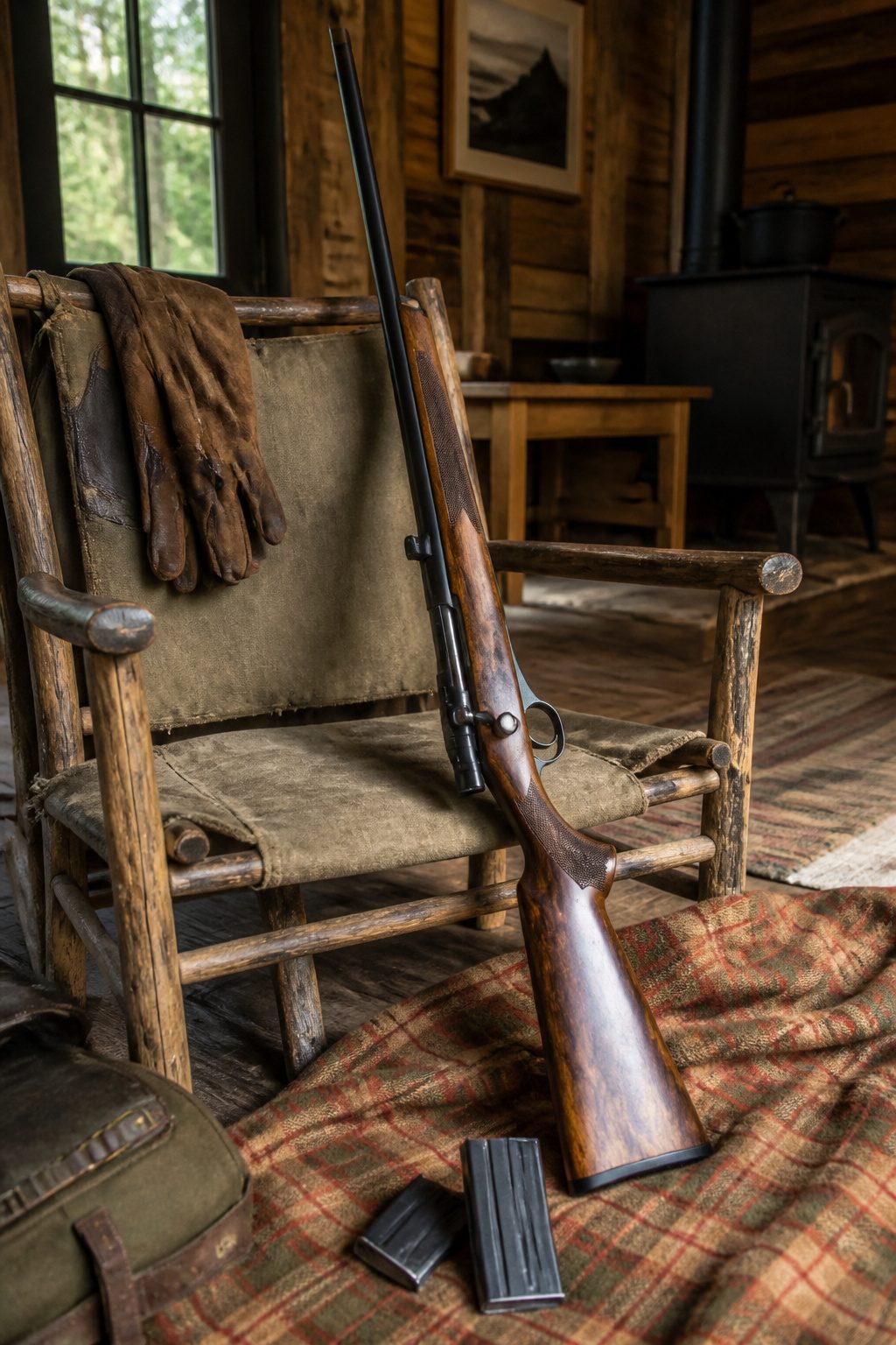 Hunting rifle resting against a chair with two magazines on a blanket.