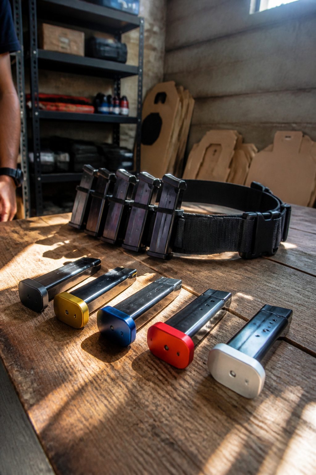 IPSC magazines displayed with color-coded baseplates for organization.