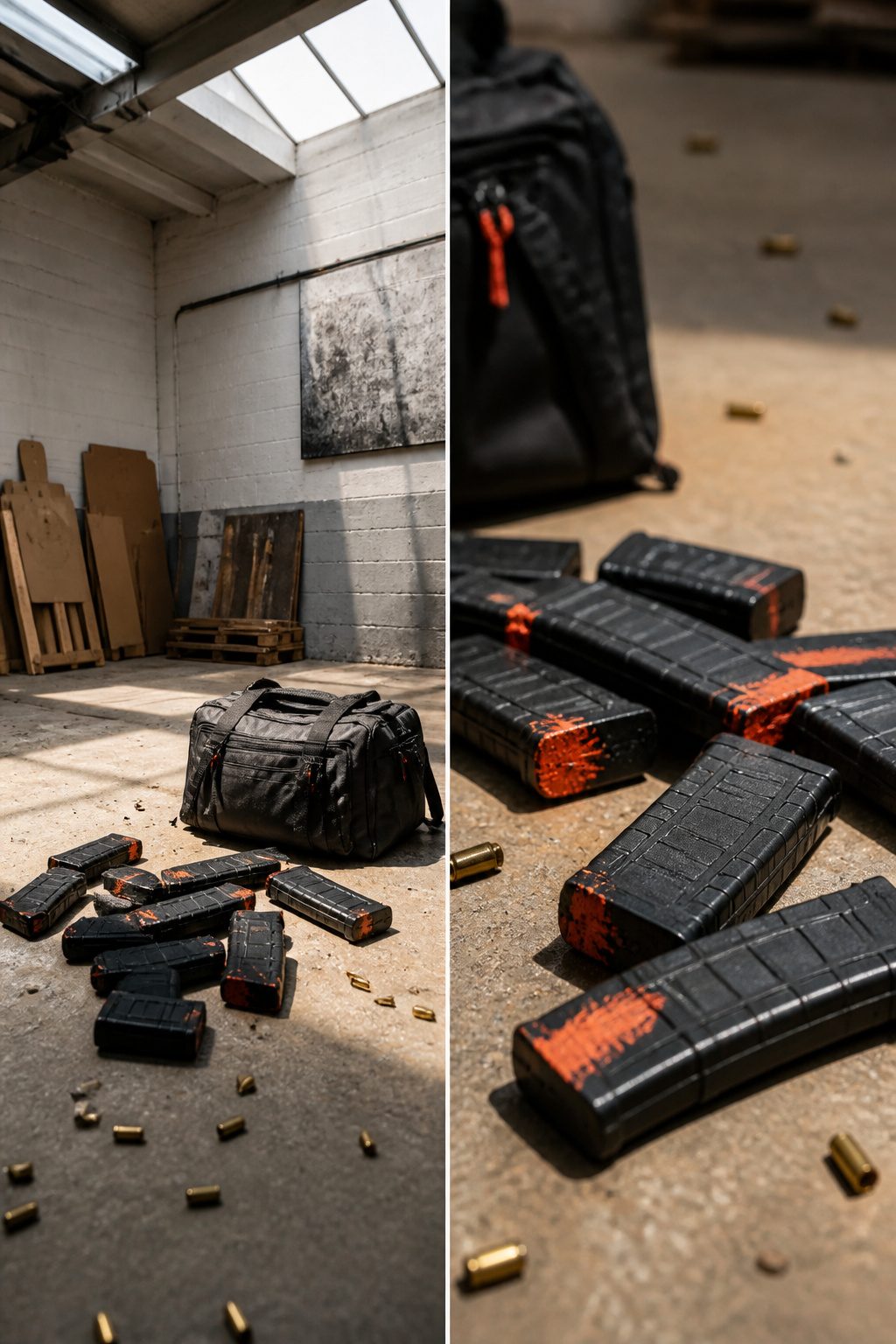 Dedicated training magazines laid out on a shooting surface.