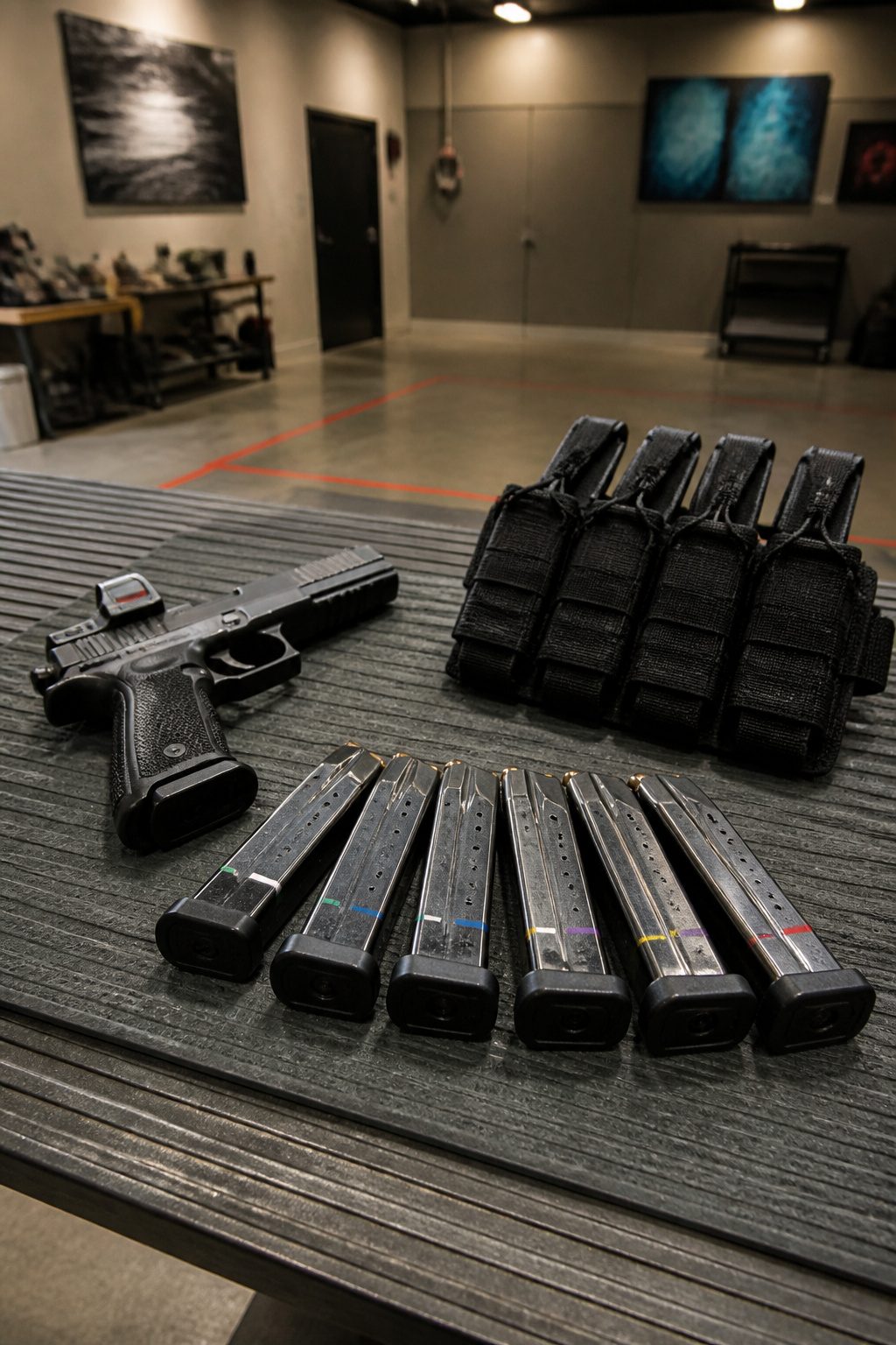 USPSA magazines fanned out next to a pistol on a shooting mat.