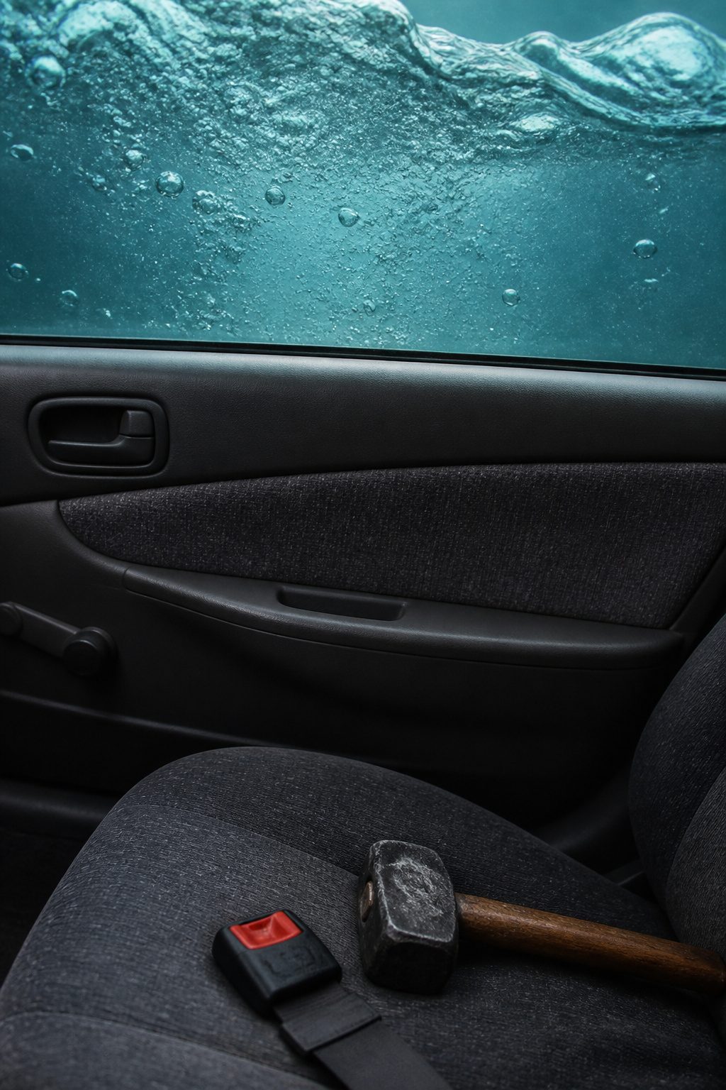 How to Escape a Sinking Car: 5 Steps That Save Lives in 2026 4 An empty car seat with water rising, indicating the exit route.