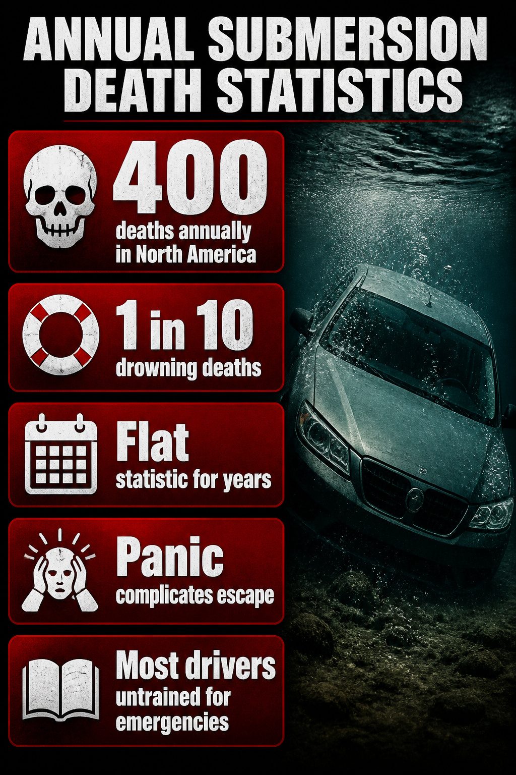 How to Escape a Sinking Car: 5 Steps That Save Lives in 2026 7 An infographic showing yearly drowning death statistics in vehicles.