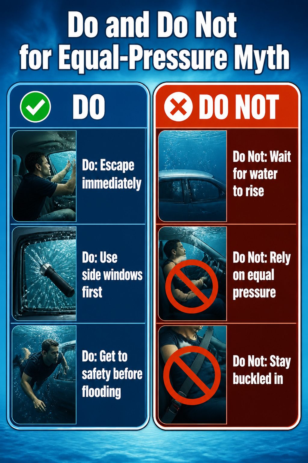 How to Escape a Sinking Car: 5 Steps That Save Lives in 2026 6 An information image detailing myths about equal pressure in submerged cars.