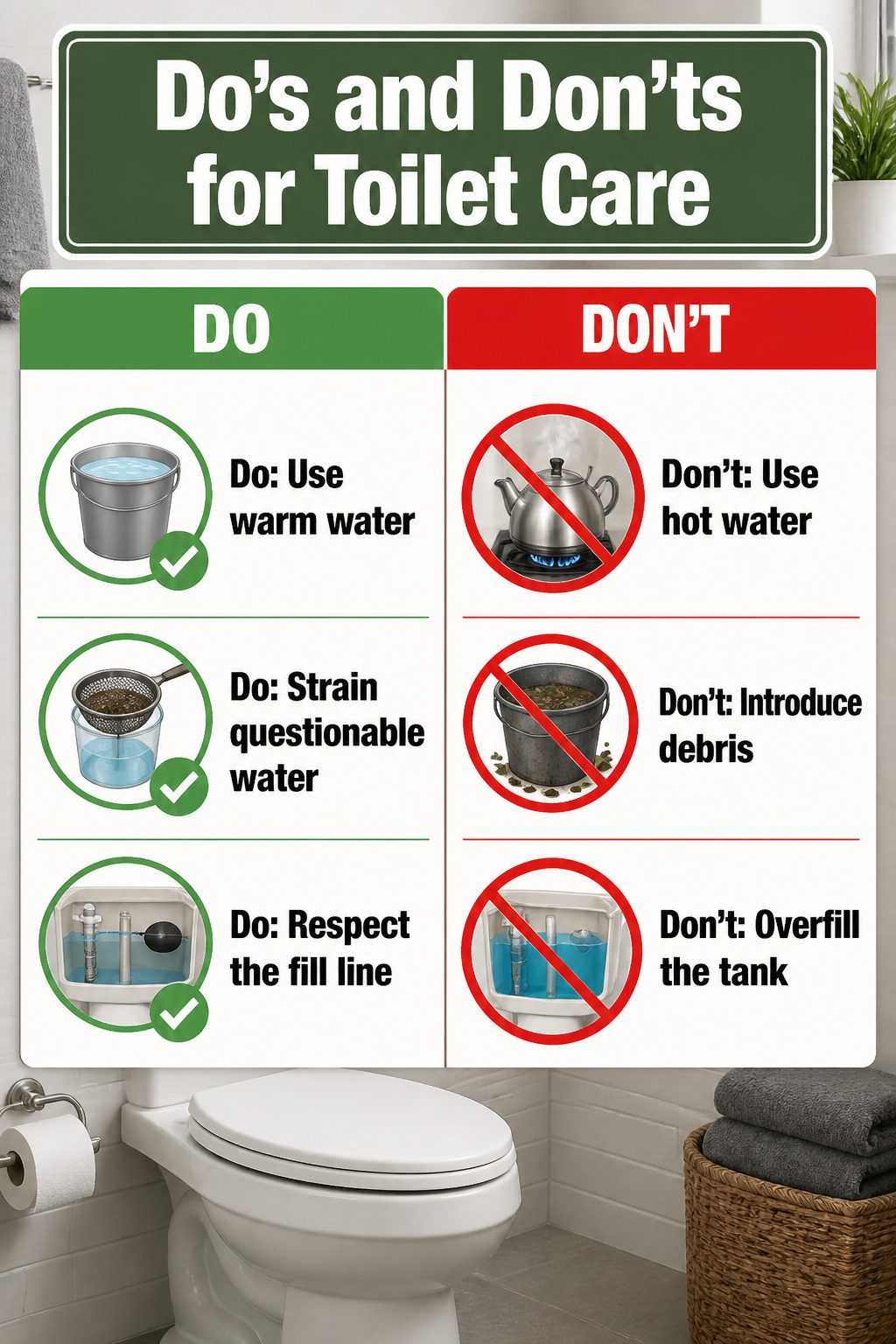 How to Flush a Toilet Without Running Water in 5 Steps 7 List of do's and don'ts for toilet care during outages.