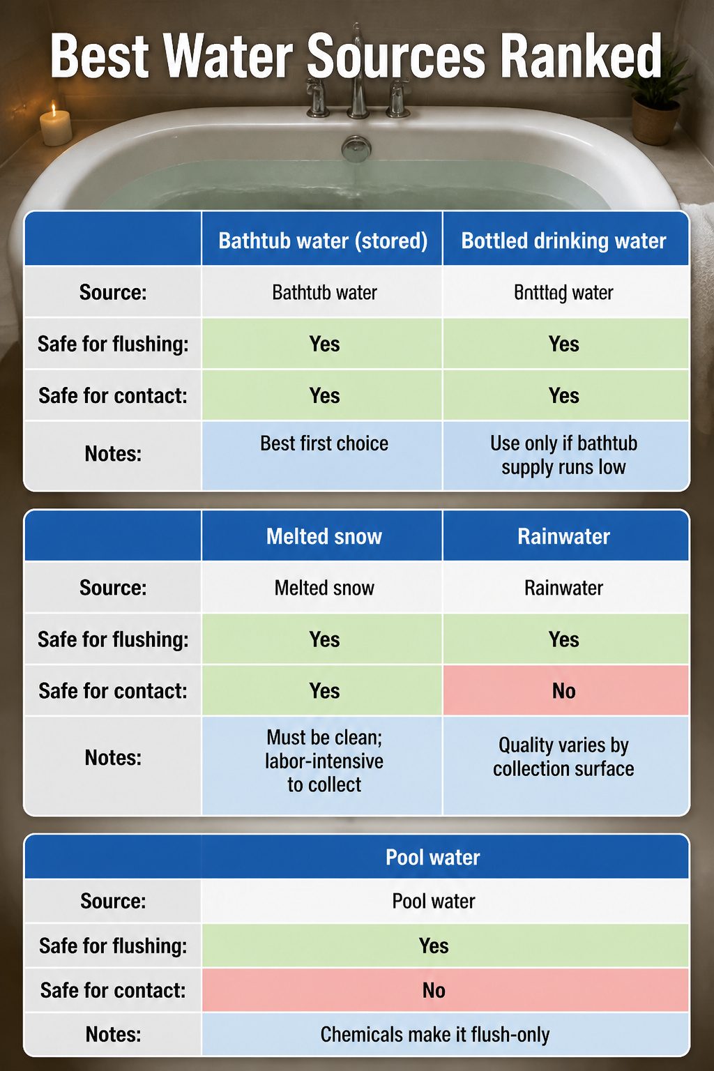 How to Flush a Toilet Without Running Water in 5 Steps 6 Chart ranking water sources for flushing toilets.