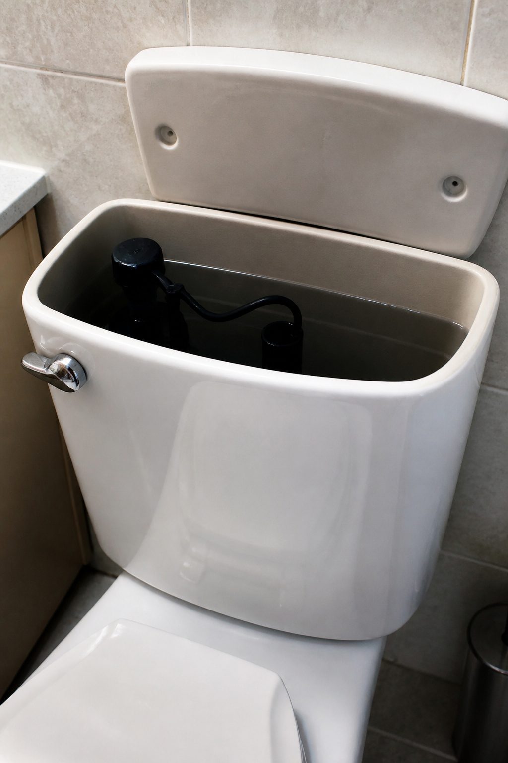 How to Flush a Toilet Without Running Water in 5 Steps 1 Toilet tank with lifted lid revealing water level inside.