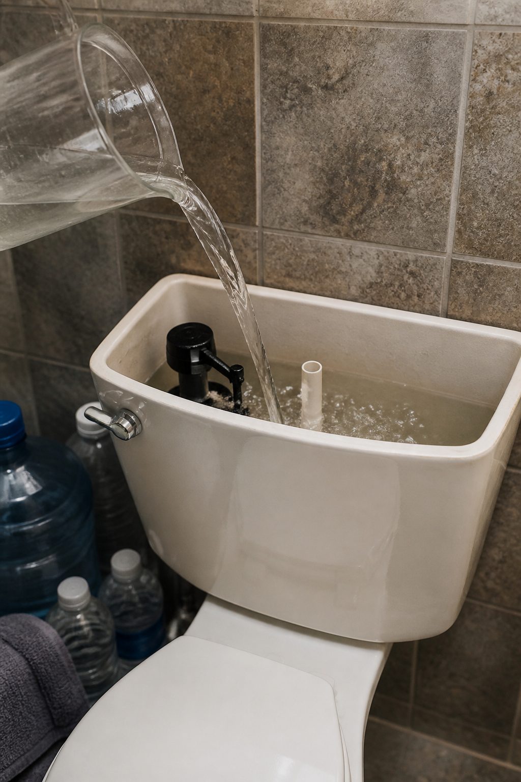 How to Flush a Toilet Without Running Water in 5 Steps 4 Water cascading into an open toilet tank from a pitcher.