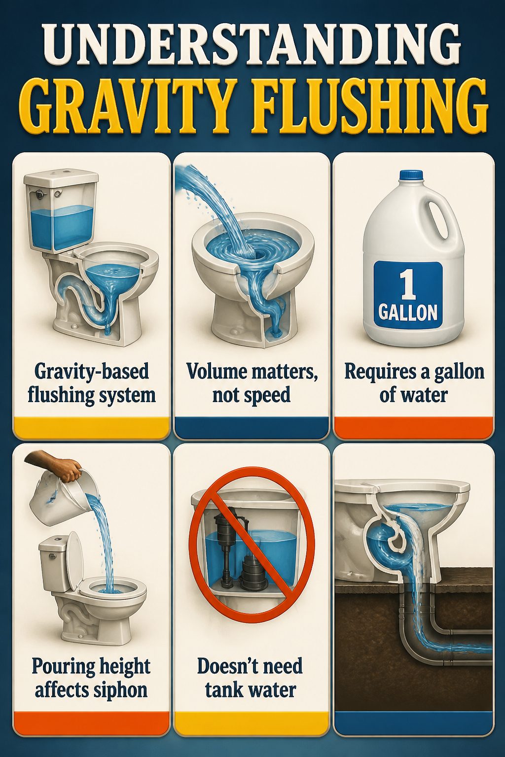 How to Flush a Toilet Without Running Water in 5 Steps 8 Diagram explaining how gravity flushing works in toilets.