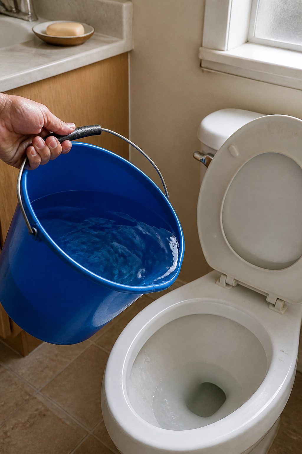 How to Flush a Toilet Without Running Water in 5 Steps 3 Water being poured into a toilet bowl from waist height.