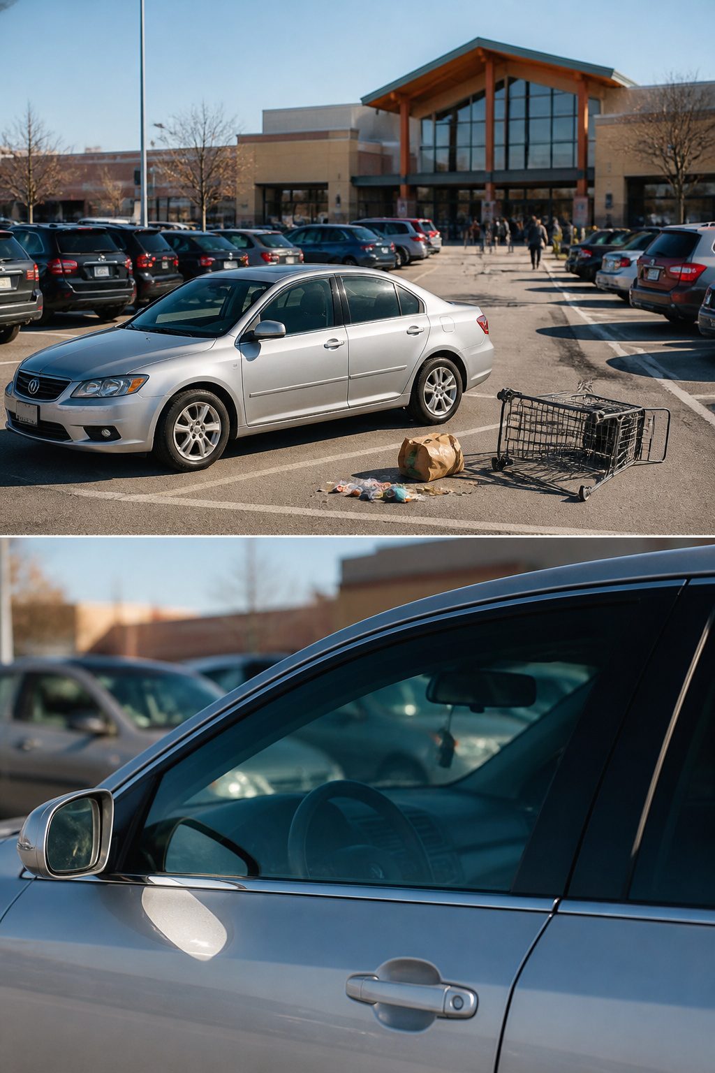 How to Know If Someone Is Following You in 2026 2 A silver sedan parked outside a grocery store.