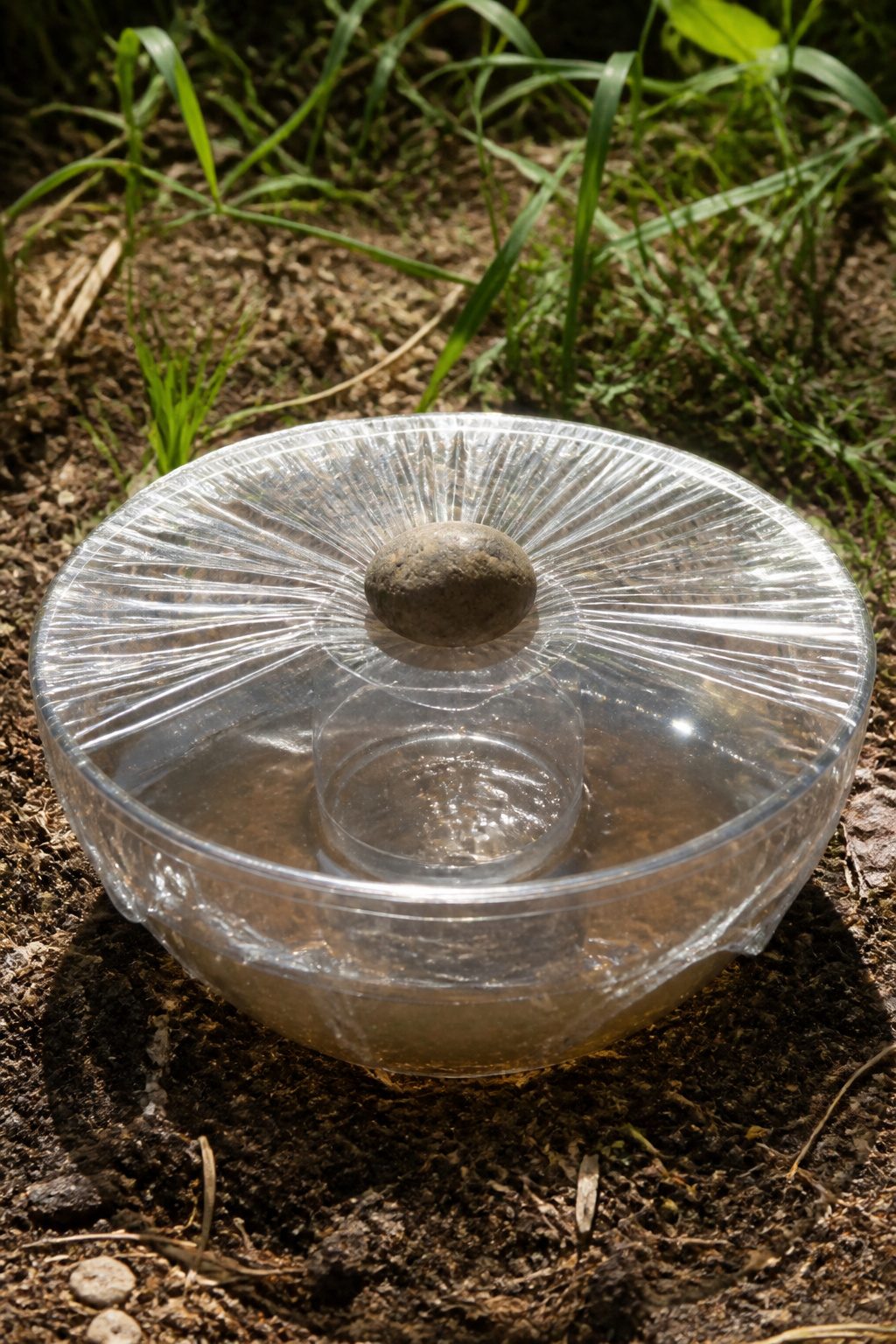 How to Make a Solar Still: Seven Steps for Clear Water 6 A small rounded stone placed on stretched plastic wrap over a bowl.