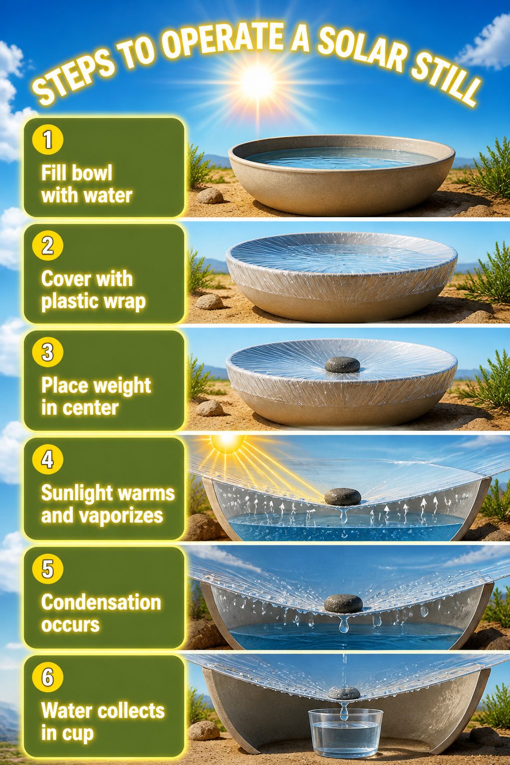 How to Make a Solar Still: Seven Steps for Clear Water 9 An information image titled 'Steps to Operate a Solar Still' related to survival.