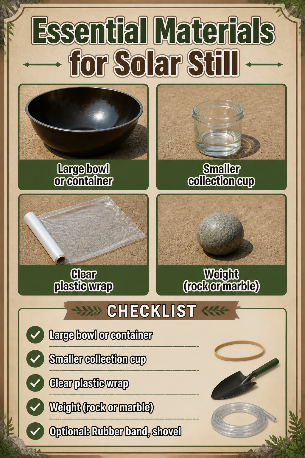 How to Make a Solar Still: Seven Steps for Clear Water 2 An information image titled 'Essential Materials for Solar Still' related to survival.