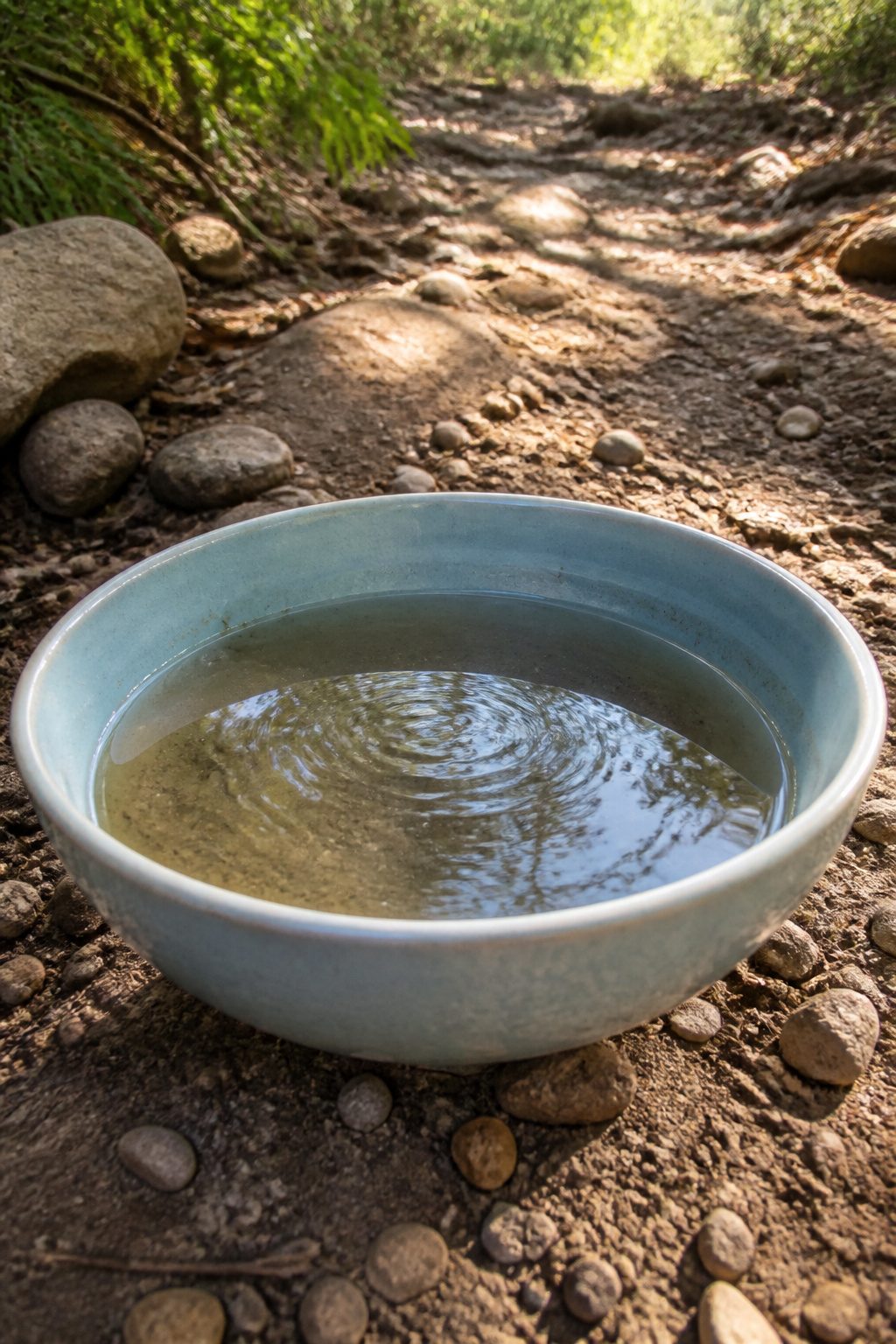 How to Make a Solar Still: Seven Steps for Clear Water 3 A bowl filled halfway with contaminated water reflecting sunlight.