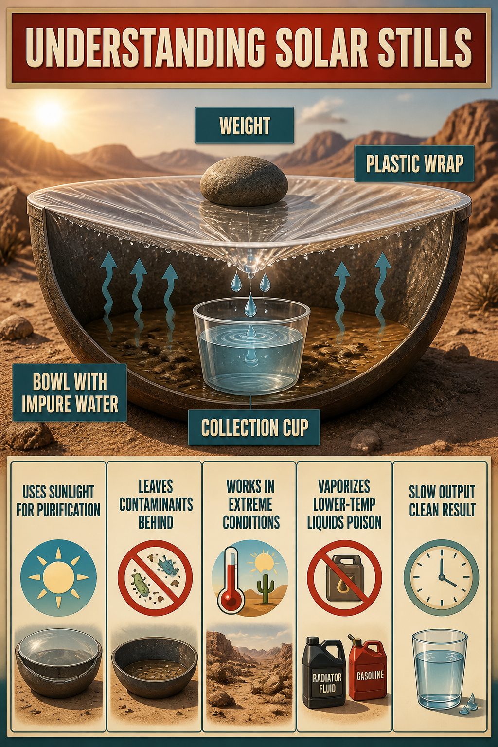 How to Make a Solar Still: Seven Steps for Clear Water 1 An information image titled 'Understanding Solar Stills' related to survival.